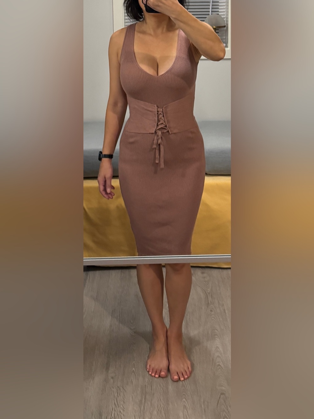 Dynamite Ribbed Lace-Up Midi Dress in Mauve Brown